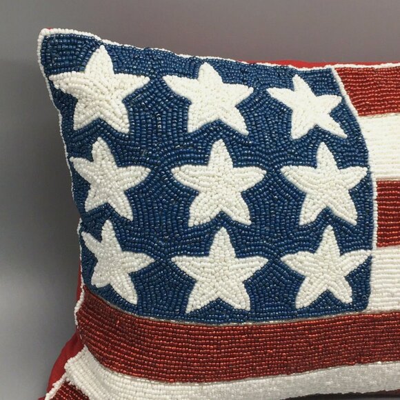 Stars Stripes American Flag Beaded Accent Pillow July 4th Patriotic Decor 12x16" - Picture 3 of 8